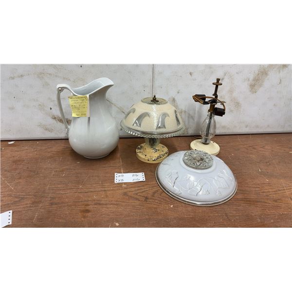 Ironstone China Pitcher (Has Cracks) and 2 Roof Lights w/ Glass Shades