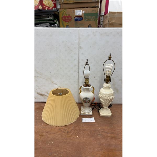 Pair of Table Lamps w/Pleated Shade: White Ceramic Urn Lamp w/Pastoral Scene & Cream Lamp