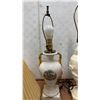 Image 2 : Pair of Table Lamps w/Pleated Shade: White Ceramic Urn Lamp w/Pastoral Scene & Cream Lamp