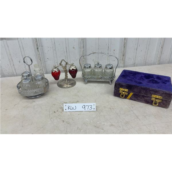 Vintage Condiment Coaster Sets, Strawberry Salt and Pepper Shakers, Brass Shakers in Velvet Box