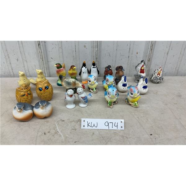 Collection of Novelty Bird Salt and Pepper Shakers Including Owls, Chickens, Ducks, and More