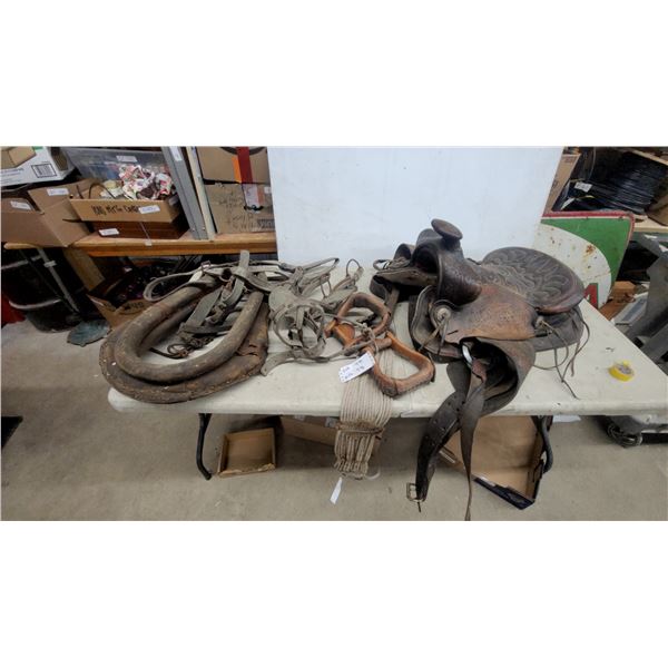 Vintage Tooled Leather Western Saddle, Draft Horse Collar, Wooden Stirrups, Harness, and More