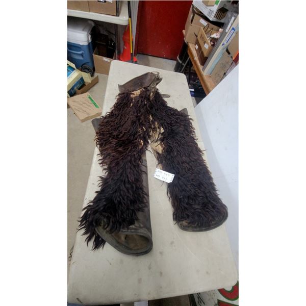 Pair of Vintage Wooly Buffalo Chaps with Dark Shaggy Fur, Leather Backing