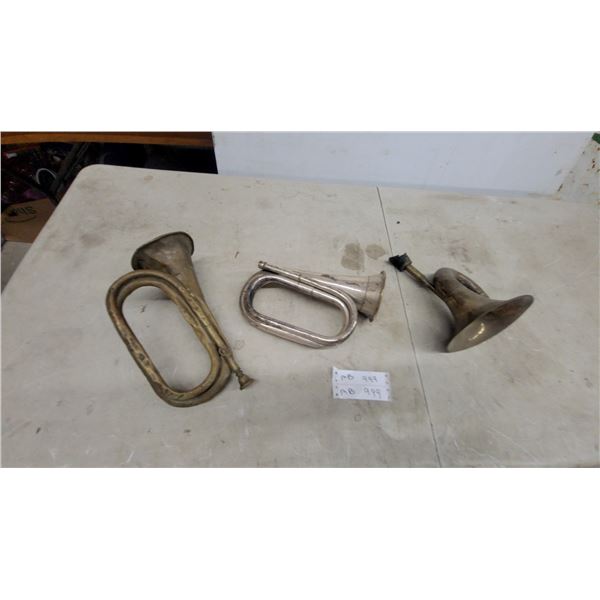 Lot of Three Antique Bugles, Brass and Silver-Plated Old and It Shows