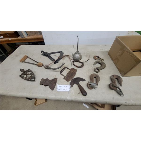 Antique Cast Iron Trivet, Axe Head, Hide Scraper Knives, Hooks and More