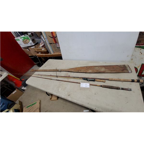 Vintage Bamboo Fishing Rod, Fiberglass Casting Rod with Reel and Wooden Paddle