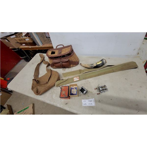 Vintage Wicker and Leather Fishing Creel, Canvas Bag, Reels, Rod Case, Powder Horn and More