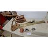 Image 1 : Vintage Wicker and Leather Fishing Creel, Canvas Bag, Reels, Rod Case, Powder Horn and More