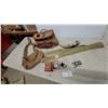 Image 2 : Vintage Wicker and Leather Fishing Creel, Canvas Bag, Reels, Rod Case, Powder Horn and More