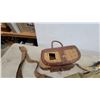 Image 4 : Vintage Wicker and Leather Fishing Creel, Canvas Bag, Reels, Rod Case, Powder Horn and More