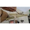 Image 6 : Vintage Wicker and Leather Fishing Creel, Canvas Bag, Reels, Rod Case, Powder Horn and More