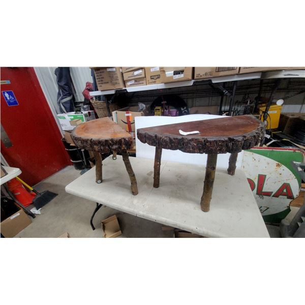 Pair of Rustic Handmade Live-Edge Wood Standswith Natural Bark Edge and Branch Legs 20 x 33 x 15"
