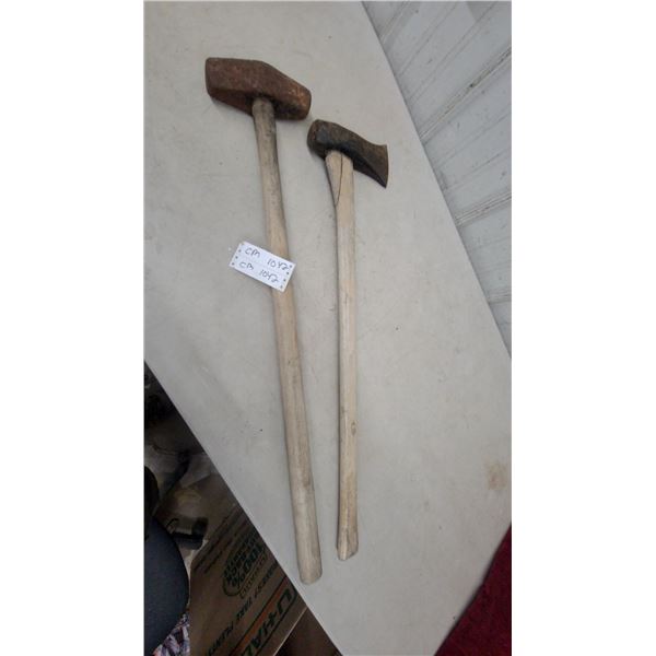Vintage Sledgehammer with Wooden Handle and Felling Axe with Wooden Handle