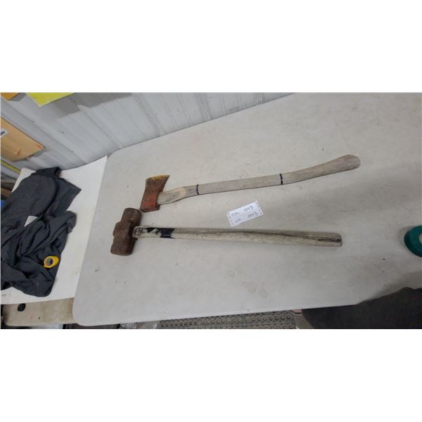 Sledgehammer with Wooden Handle and Axe with Wooden Handle and Red and Yellow Painted Head