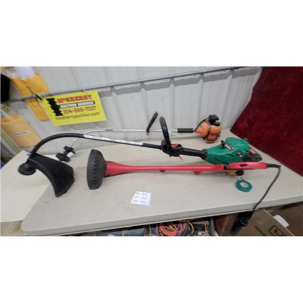 Ryobi RY3000ES Gas String Trimmer, Echo Gas String Trimmer, and Red Electric Trimmer