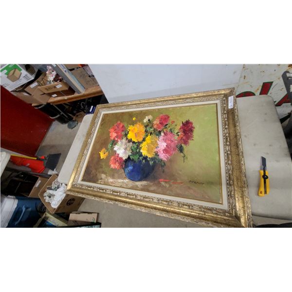 Original Impasto Oil Painting Floral Still Life in Blue Vase Signed Merry, Ornate Gold Frame
