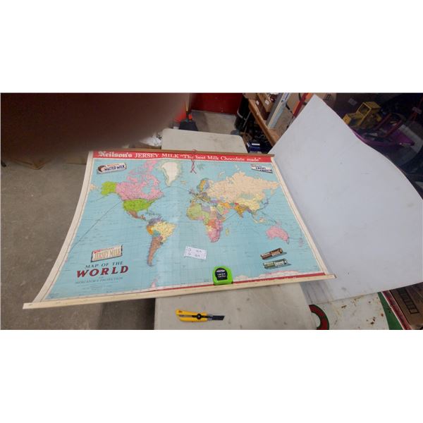 Vintage Neilson's Jersey Milk Chocolate Advertising World Map on Wooden Frame, Circa 1950s 52 x 40"