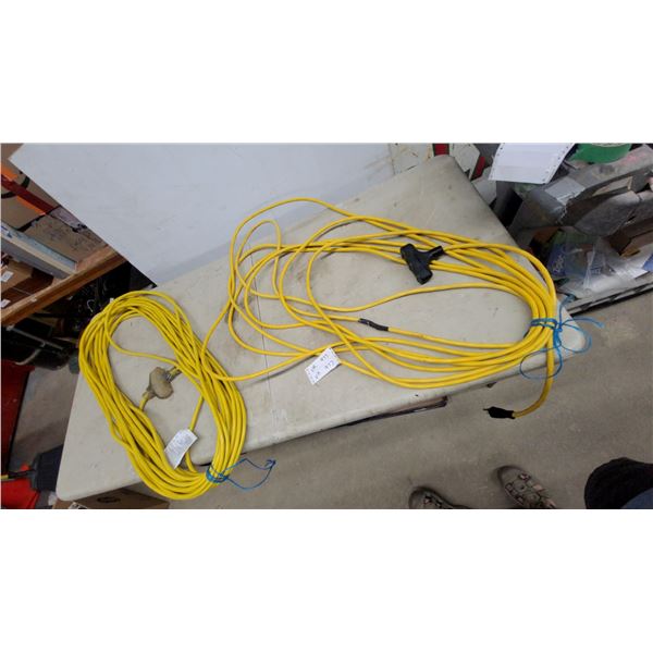 Two Yellow Heavy-Duty 12/3 Extension Cords with Triple-Outlet Connectors,1) 100' 1)25'