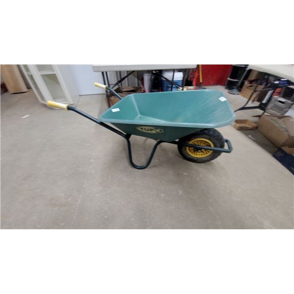 Tuf-X Single Wheel Wheelbarrow with Green Plastic Tray and Yellow Handle Grips