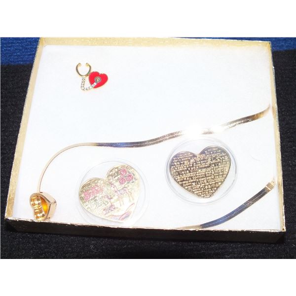 Gold Tone Necklace w/ Heart Pendant w/ Brooch & Two Together Forever Heart Coins