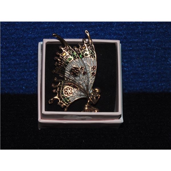 Etched Butterfly Fairy Brooch w/ Gold, Green and Blue Accents