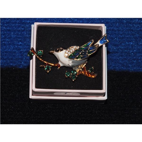 3d Bird On A Branch w/ Enamel and Rhinestone Accents