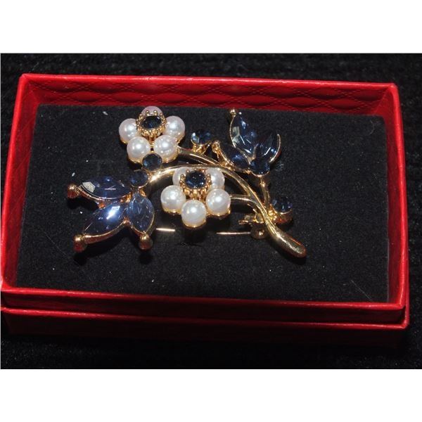 New Leaf & Flower Brooch w/ Royal Blue rhinestones pearl gold tone accents