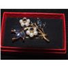 Image 1 : New Leaf & Flower Brooch w/ Royal Blue rhinestones pearl gold tone accents