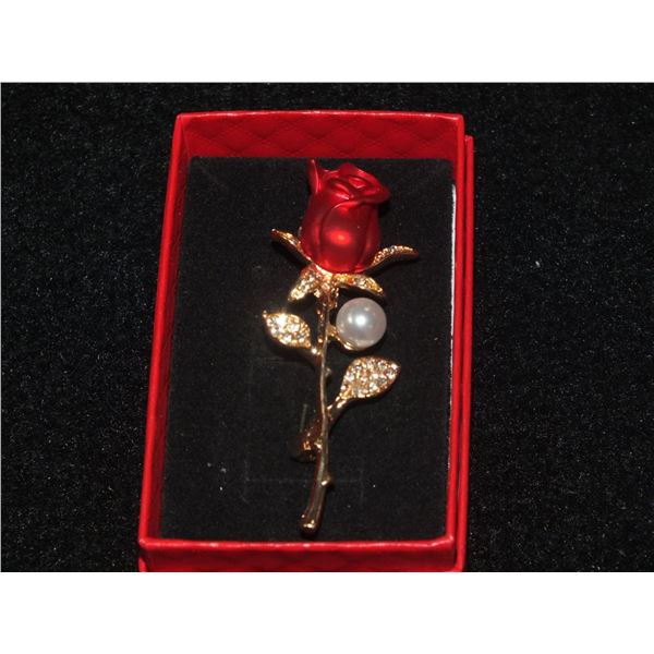 Rhinestone Pearl Accent Rose Brooch