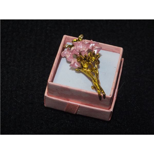 Three Dimensional Pink Enamel Oil Rose Bouquet Brooch