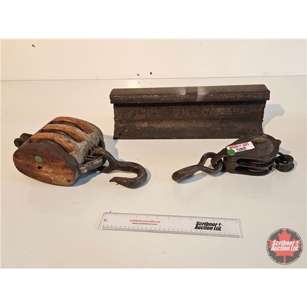 Antique Collector Combo: Block & Tackle Pullies (2) - Railroad  Iron ~ Embossed "1929 Oh Canada"