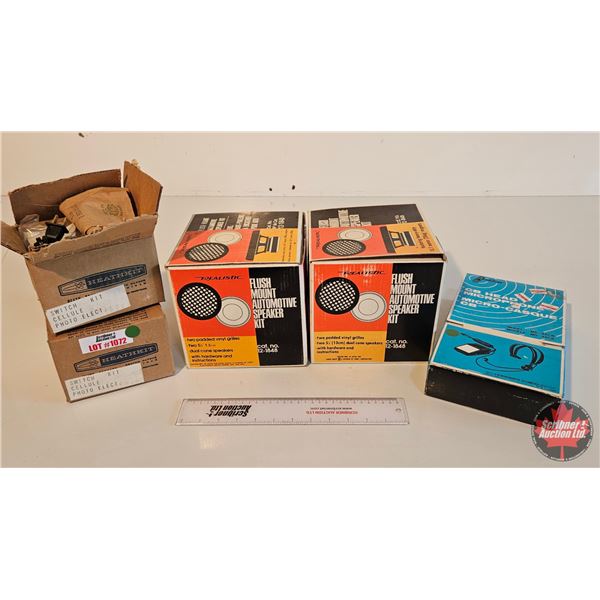 Vintage Electronics Grouping : CB Headphone/Microphone; Flush Mount Speaker Kit; Trailer Connectors;
