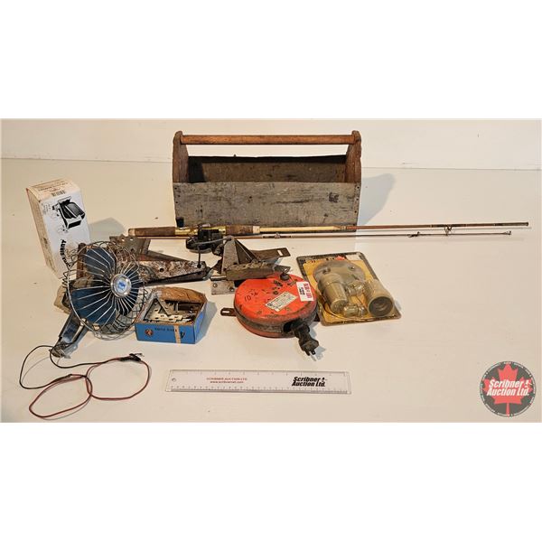 Variety Grouping : - 12v Fan - Angle Brackets - Tank Float - Fishing Rod & Reel - Hinges - Ext Cord 