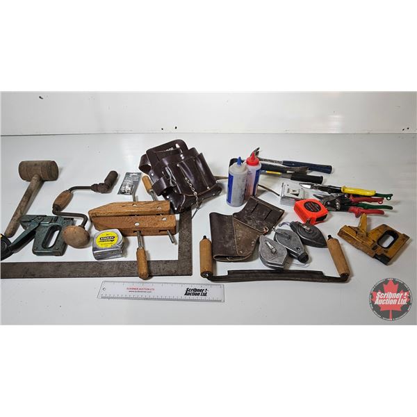 Grouping ~ Carpentry Tools : Tool Belt; Framing Squares; Clamps; Tin Snips; Chalk Lines; etc