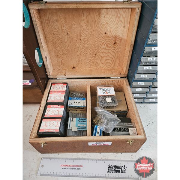 Assortment Nails/Screws/Nuts with Wood Box  (Box Measures: 7"H x 13"W x 10"D)