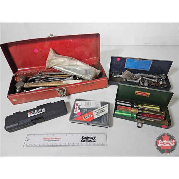 Grouping ~ Variety Hand Tools : Wrenches; Hammer; Screwdrivers; Grease Fitting Cleaner; Shallow Meta