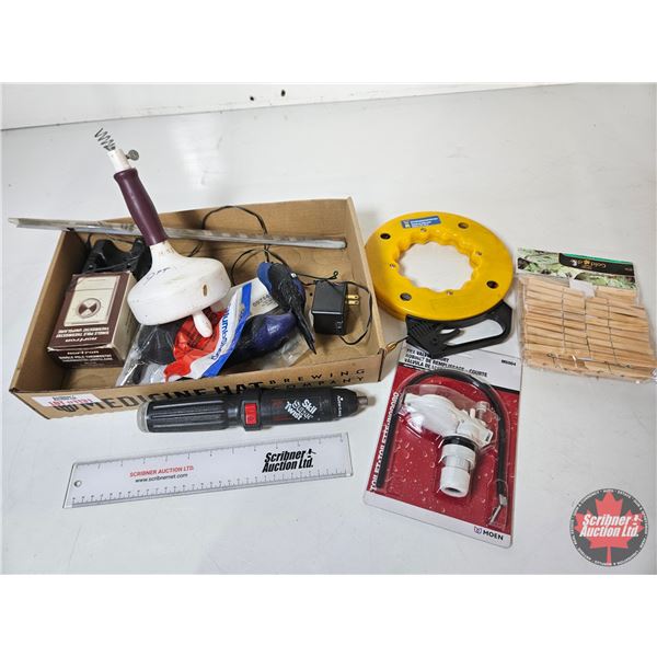 Variety of Hardware : Auger Drill Bit; 50ft Fish Tape; Pipe Snake; Thermostat; Cordless Screwdriver;