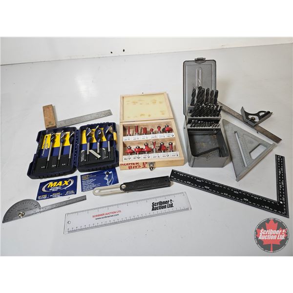 Combo: Drill Bits; Router Bits; Squares; Angle Finder
