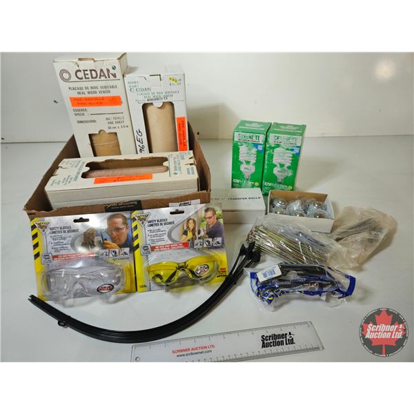 Grouping: Wood Veneer; Light Bulbs; Zip Ties; Safety Glasses; Transfer Balls; etc