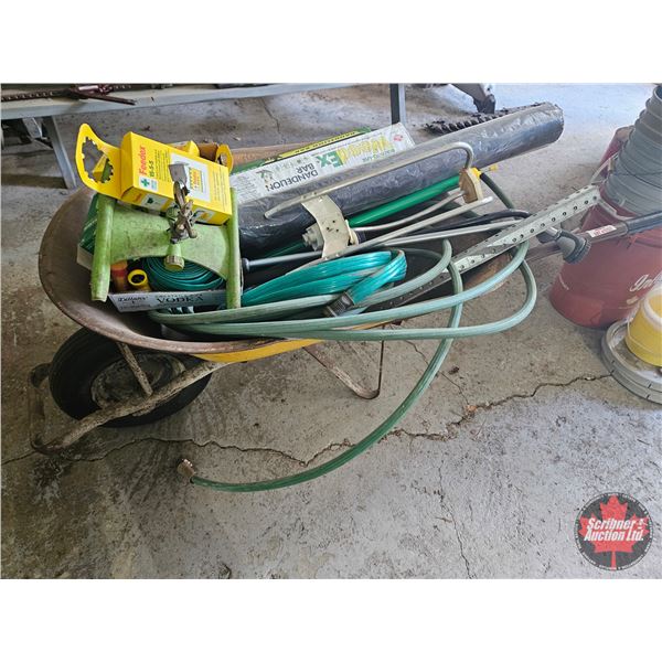 Wheel Barrow w/Contents: Hose; Sprinklers; Gardening Fabric; Dandelion Bar; etc