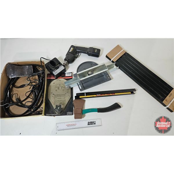 Grouping : Ratchet Bases; Hatchet; Tarp Straps; Cordless Drill; Magnetic Tool Bar; etc