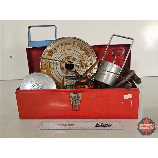 Tool Box w/Contents : Magnets, Pulley, Oiler, Metal Pieces, VW Hub Cap