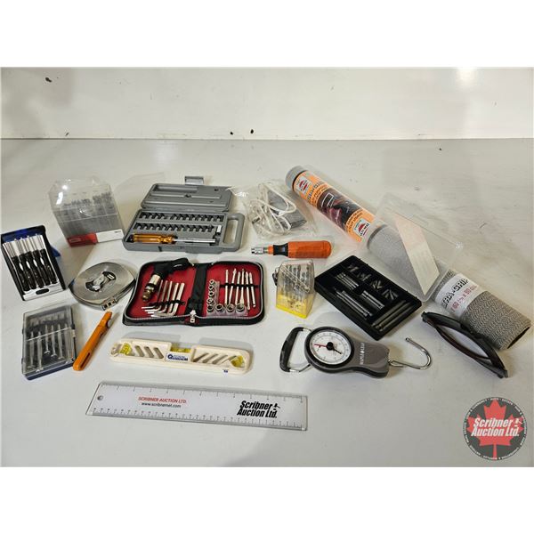Grouping : 100ft Tape Measure; Precision Screw Drivers; Hanging Scale; Drill Bits; Multi Purpose Non