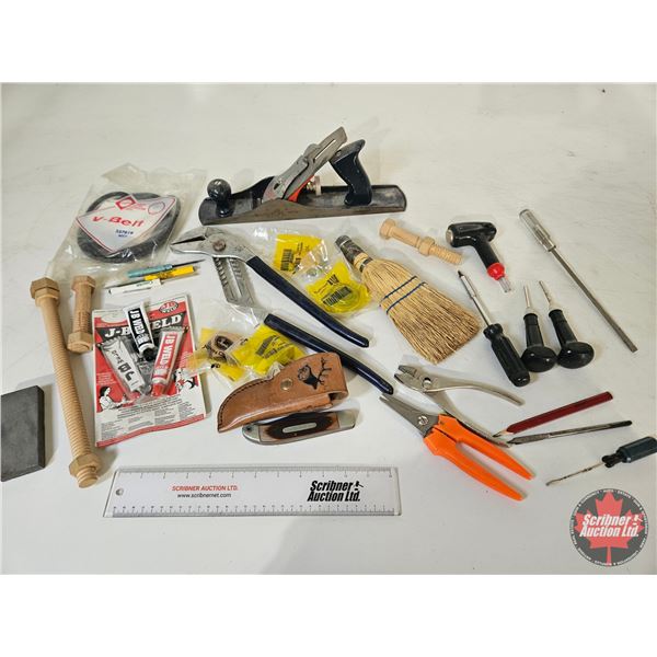 Grouping : Wood Plane;  Old Timer Knife; Channel Locks; Small Hand Tools; JB Weld; etc
