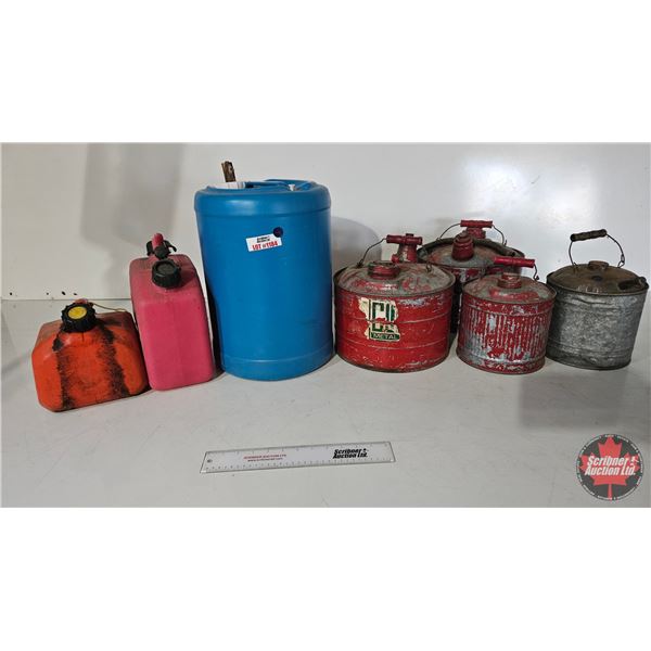 Variety Gas / Water Jugs-Cans (7) : - Vintage Metal Gas Cans (4) - Jerry Cans (2) - Water Jug (1)