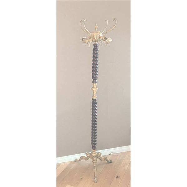 Gorgeous Antique Coat Tree w/ Hand Carved Mahogany Base & Solid Brass Embellishments