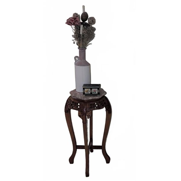 Marble Top Carved Wood Plant Stand