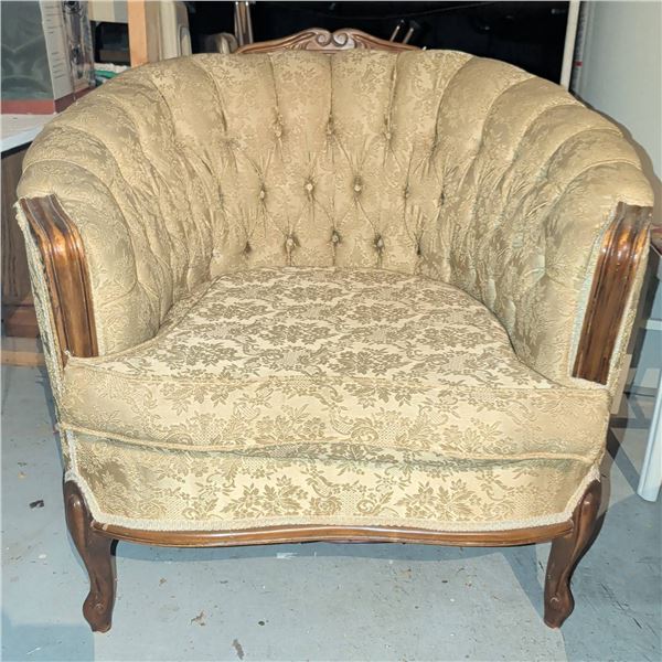 Tufted Upholstered Barrel Chair w/ Carved Oak Embellishments