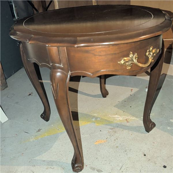 Wood Oval Side Table with Drawer and Brass Hardware