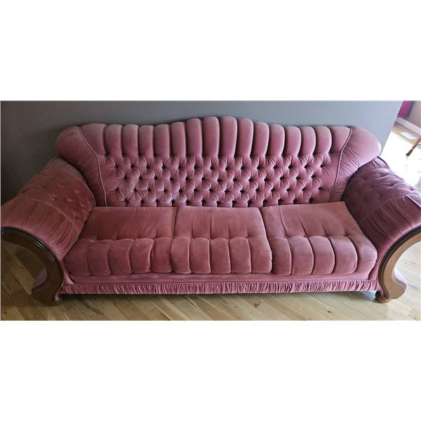 Upholstered Pink Tufted Sofa with Wood Trim
